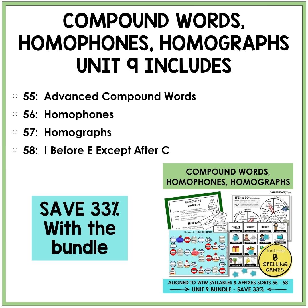 Compound Words, Homophones, & Homographs Unit 9 Syllables Affixes Games Bundle | I Before E