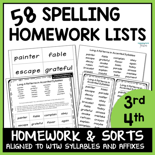 Spelling homework lists and sorts for 3rd and 4th graders