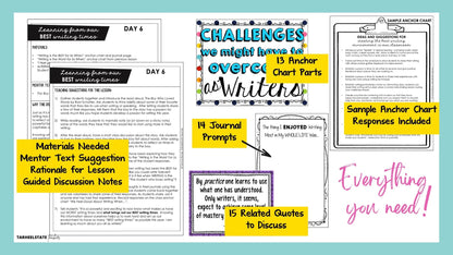 Launching Writer's Workshop kit includes anchor charts, journal prompts, quotations to analyze and discuss, read aloud suggestions, and lesson plans