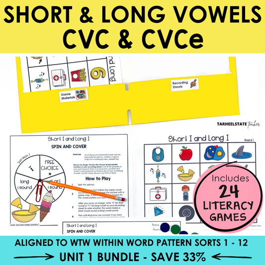Educational materials for teaching short and long vowels, CVC, and CVCE patterns with game cards and worksheets.