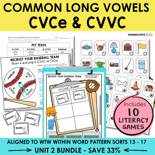 Educational materials for teaching common long vowels patterns CVCE and CVVC, board gamesand game cards.