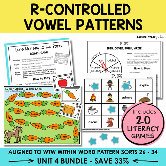 Educational materials for teaching r-controlled vowel patterns with games and activities.