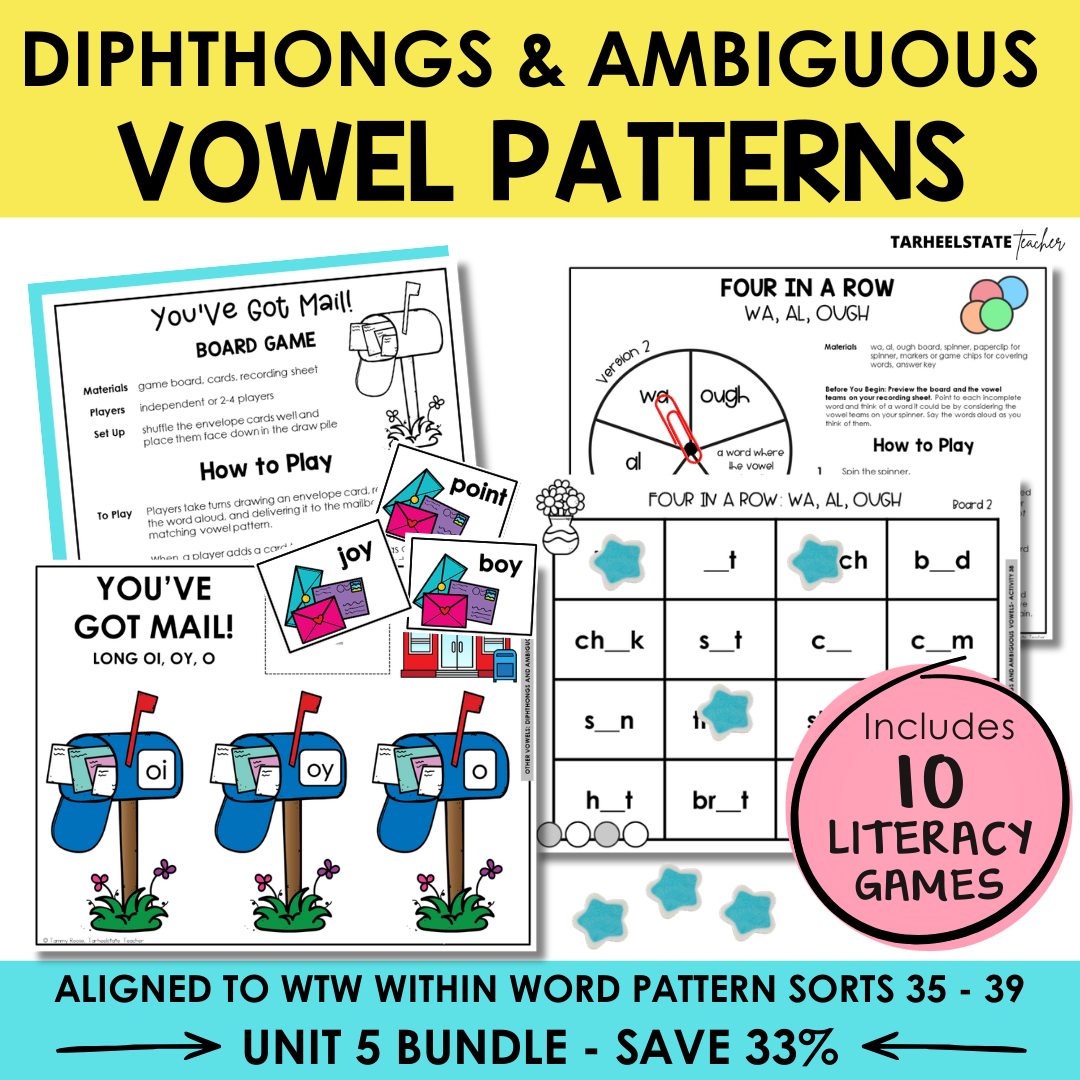 Spelling games and activities for teaching diphthongs, variant vowels, and ambiguous vowel patterns.