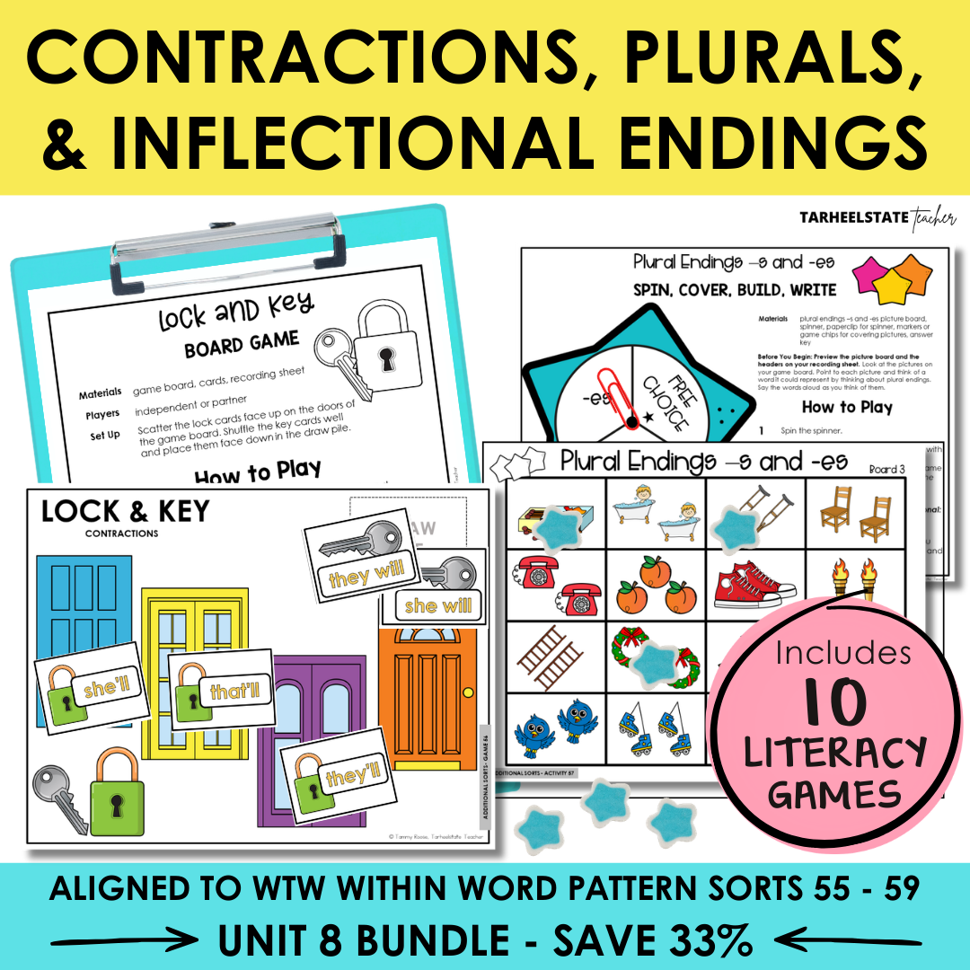 Contractions, Plurals, & Inflectional Endings Unit 8 Within Word Pattern Games Bundle