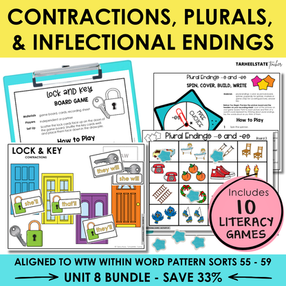 Contractions, Plurals, & Inflectional Endings Unit 8 Within Word Pattern Games Bundle