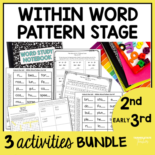 Engaging spelling activities bundle for students in the Within Word Pattern Stage includes word searches, word study notebook activities, spelling homework, and a fill-in-the-blank spelling activities covering all Within Word Pattern units.