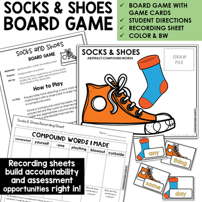 Socks and Shoes Board Game for abstract compound words, with recording sheet