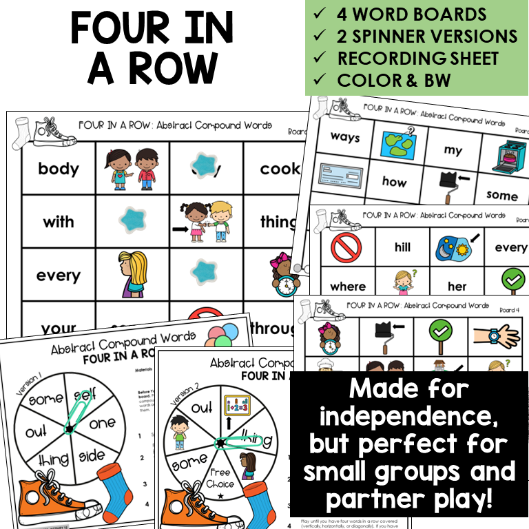 Four In A Row word boards and spinners for abstract compound words