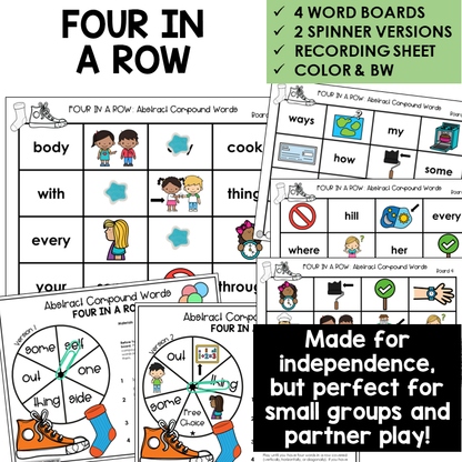 Four In A Row word boards and spinners for abstract compound words