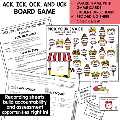 Pick Your Snack board game, game cards, and recording sheet for ACK, ICK, OCK, and UCK word families