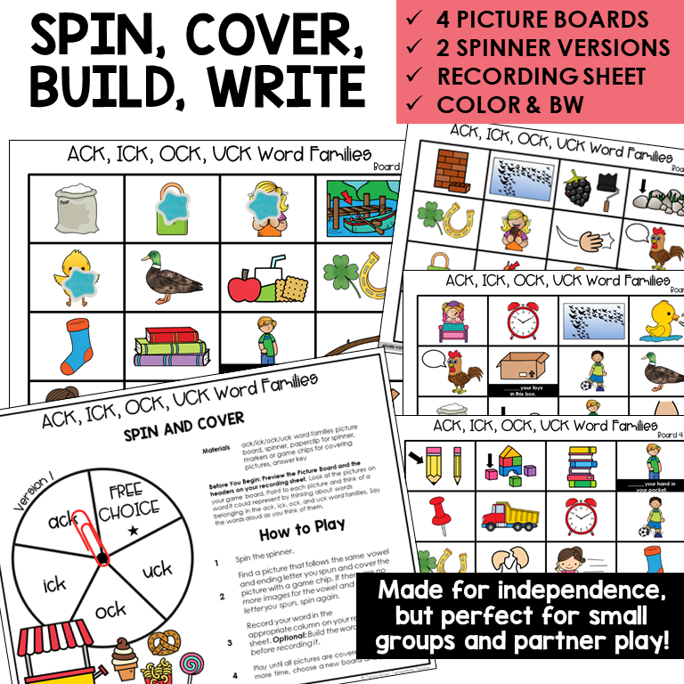 Spin, Cover, Build, Write picture boards and spinners for ACK, ICK, OCK, and UCK word families