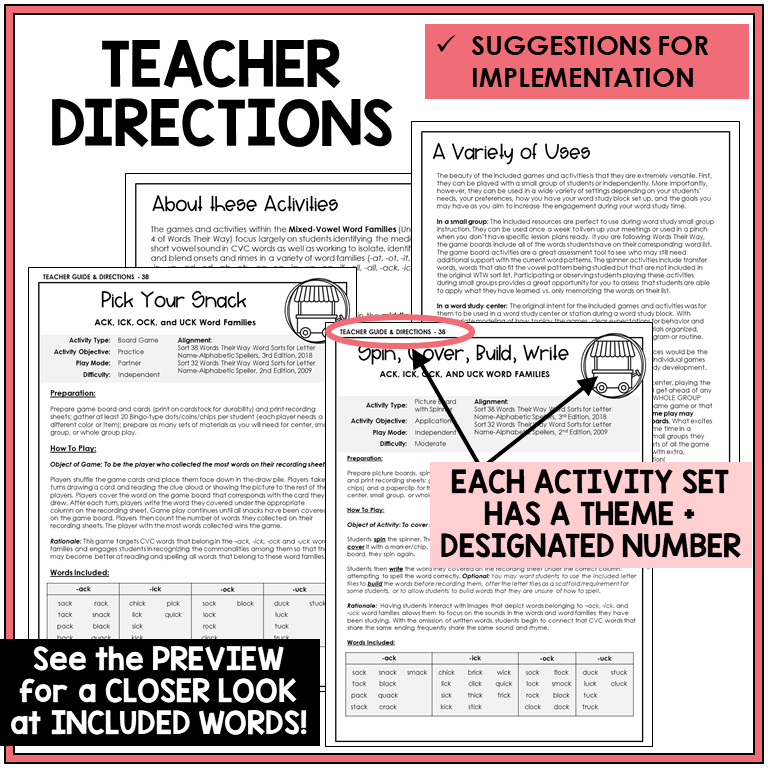 Teacher directions for ACK, ICK, OCK, and UCK word family games