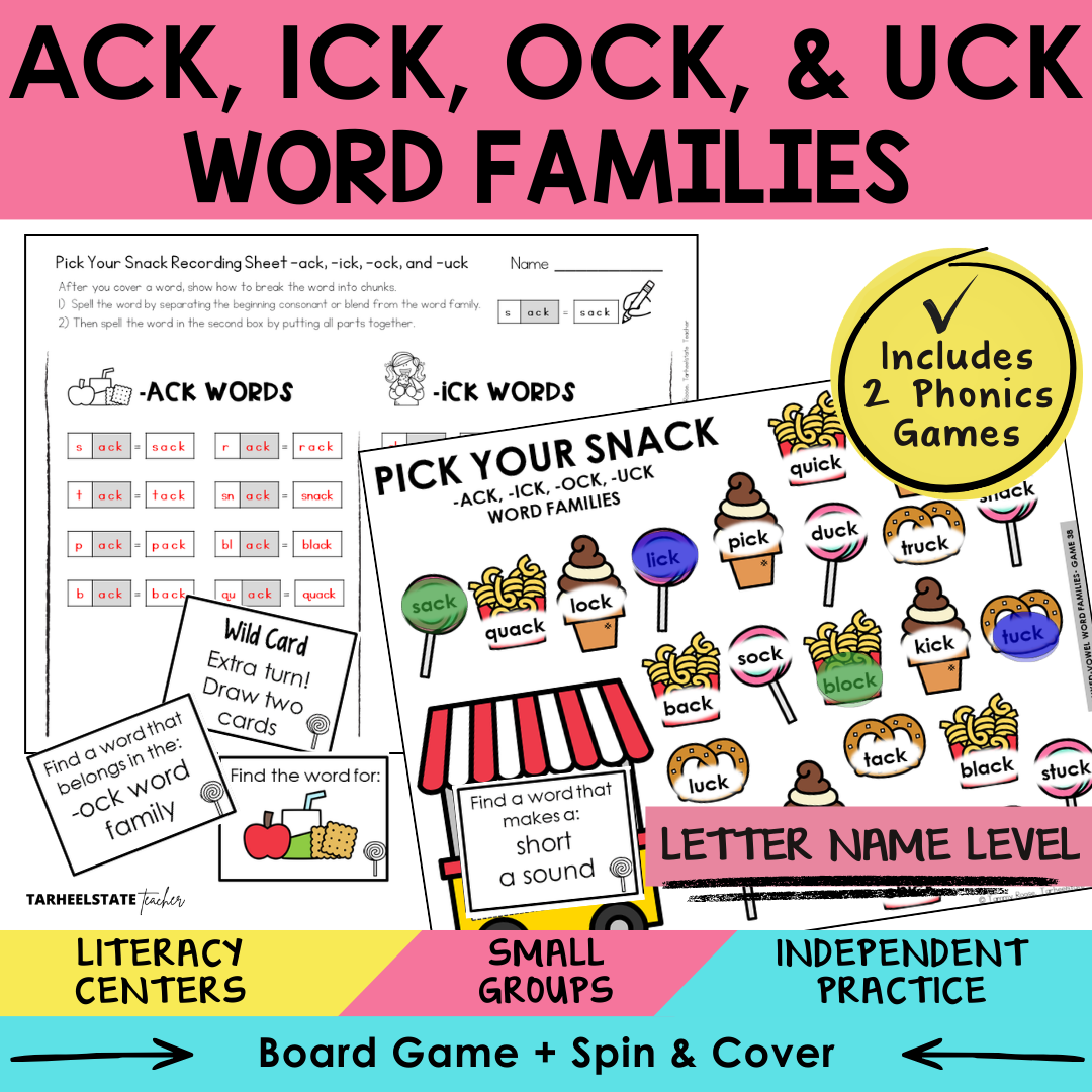 ACK, ICK, OCK, & UCK Word Families Sort 38 Letter Name Games cover