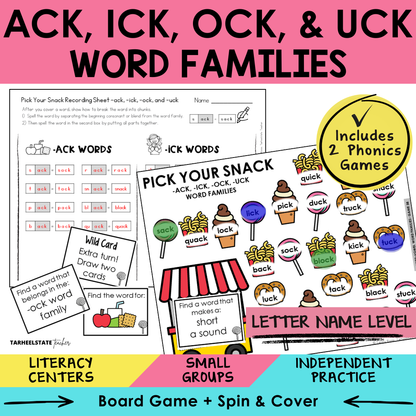 ACK, ICK, OCK, & UCK Word Families Sort 38 Letter Name Games cover