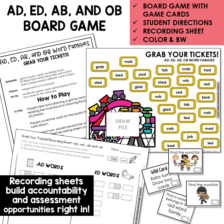 Grab Your Tickets board game, game cards, and recording sheet for AD, ED, AB, and OB word families