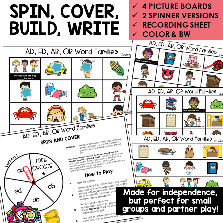 Spin, Cover, Build, Write picture boards and spinners for AD, ED, AB, and OB word families