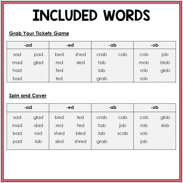 Word list for AD, ED, AB, and OB word family games, Sort 35