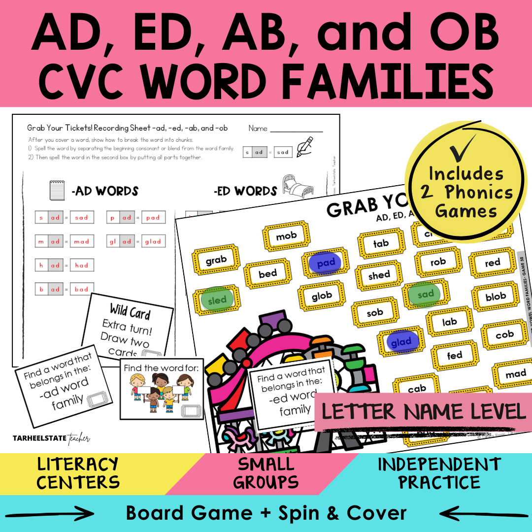 AD, ED, AB, and OB CVC Word Families Sort 35 Letter Name Games cover
