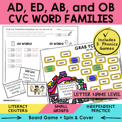 AD, ED, AB, and OB CVC Word Families Sort 35 Letter Name Games cover