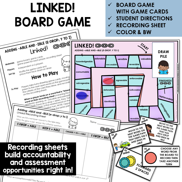 Linked! board game for adding -ABLE and -IBLE with E-drop and Y to I