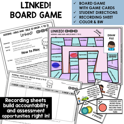 Linked! board game for adding -ABLE and -IBLE with E-drop and Y to I