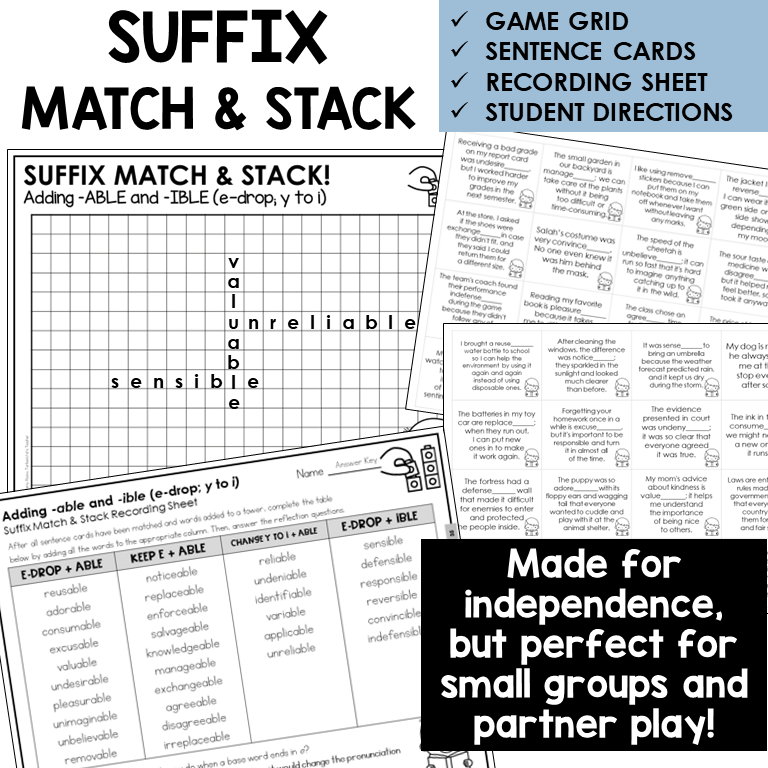 Suffix Match & Stack card game for adding -ABLE and -IBLE with E-drop and Y to I