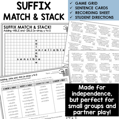 Suffix Match & Stack card game for adding -ABLE and -IBLE with E-drop and Y to I