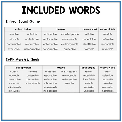 Word list for adding -ABLE and -IBLE with E-drop and Y to I, Sort 35