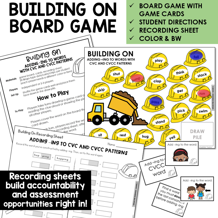 Building On Board Game for adding -ING to CVC and CVCC words, with recording sheet