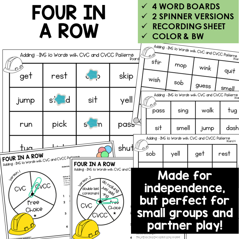 Four In A Row for adding -ING to CVC and CVCC words, with spinners and recording sheet