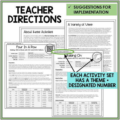 Teacher directions and suggestions for implementation, adding -ING to CVC and CVCC words