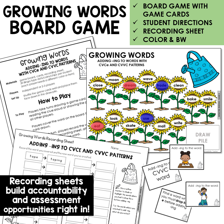 Growing Words Board Game for adding -ING to CVCe and CVVC words, with recording sheet