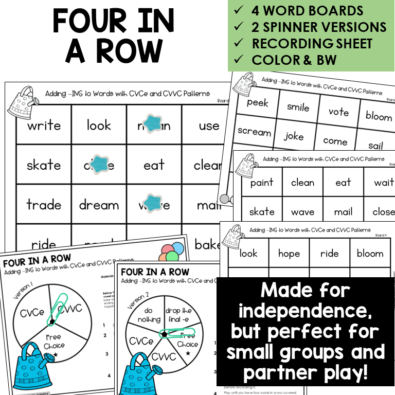 Four In A Row for adding -ING to CVCe and CVVC words, with spinners and recording sheet