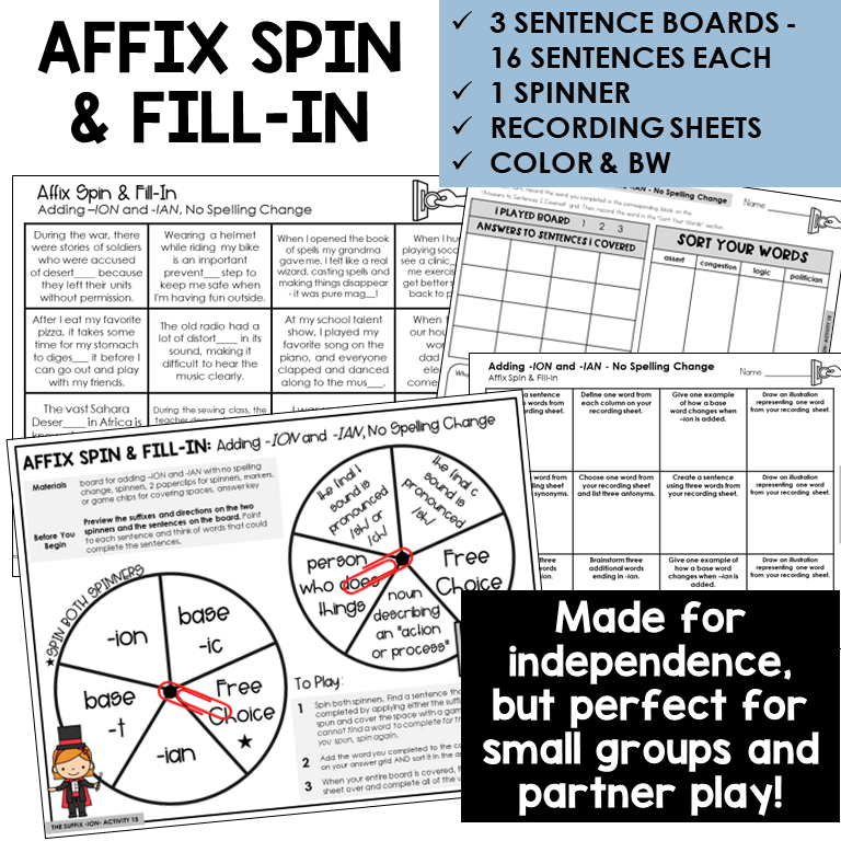 Affix Spin & Fill-In word board activity for adding -ION and -IAN to base words ending -T and -IC