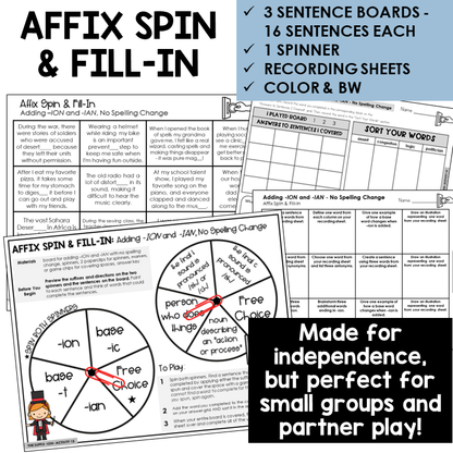 Affix Spin & Fill-In word board activity for adding -ION and -IAN to base words ending -T and -IC