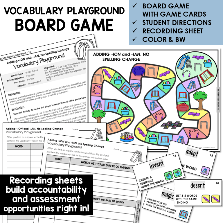Vocabulary Playground board game for adding -ION and -IAN to base words ending -T and -IC