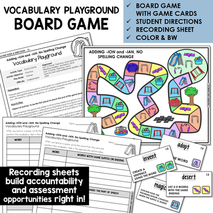 Vocabulary Playground board game for adding -ION and -IAN to base words ending -T and -IC