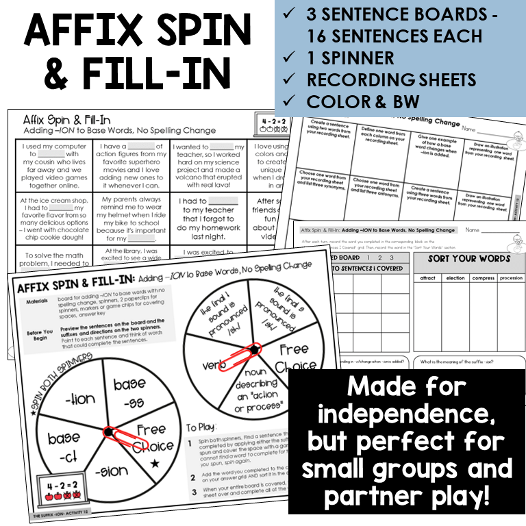 Affix Spin & Fill-In word board activity for adding -ION to words ending -SS and -CT