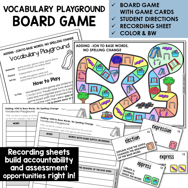 Vocabulary Playground board game for adding -ION to words ending -SS and -CT
