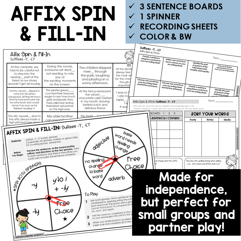 Affix Spin & Fill-In word board activity for suffixes -Y, -LY