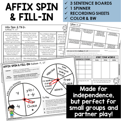 Affix Spin & Fill-In word board activity for suffixes -Y, -LY