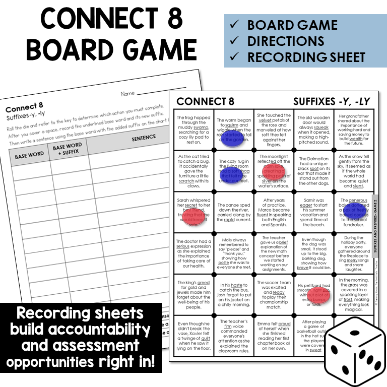 Connect 8 board game for suffixes -Y, -LY
