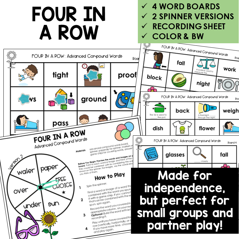Four In A Row word boards and spinners for advanced compound words
