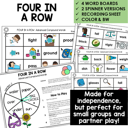 Four In A Row word boards and spinners for advanced compound words