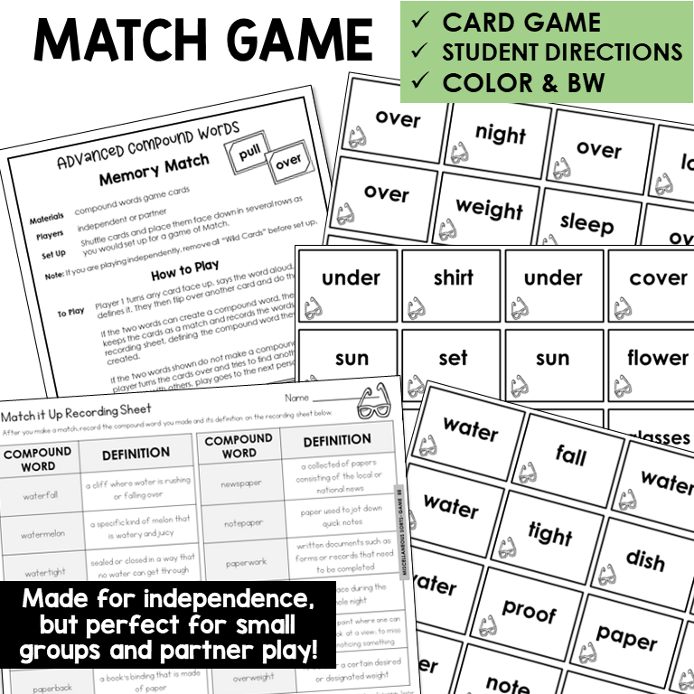 Memory Match card game for advanced compound words, with recording sheet