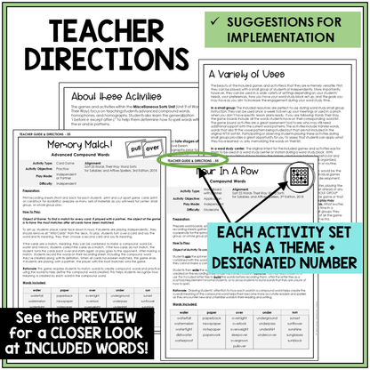 Teacher directions for advanced compound words games