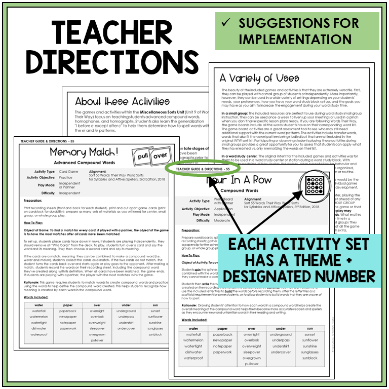 Teacher directions and suggestions for implementation, advanced compound words
