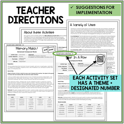 Teacher directions and suggestions for implementation, advanced compound words