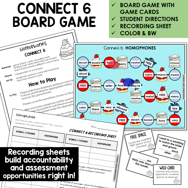 Connect 6 Board Game for homophones, with sentence cards and recording sheet