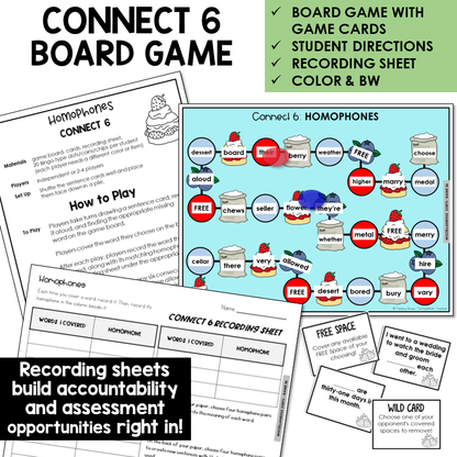 Connect 6 Board Game for homophones, with sentence cards and recording sheet